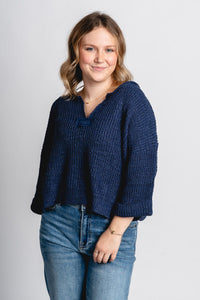 V-neck crop sweater navy - Trendy Oklahoma City Basketball T-Shirts Lush Fashion Lounge Boutique in Oklahoma City