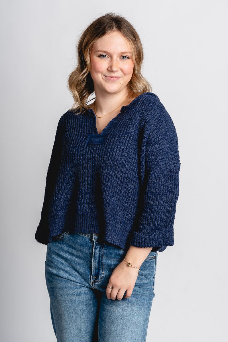 V-neck crop sweater navy - Trendy Oklahoma City Basketball T-Shirts Lush Fashion Lounge Boutique in Oklahoma City