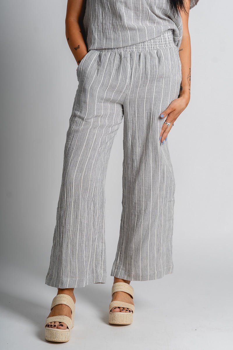 Striped gauze pants charcoal | Lush Fashion Lounge: women's boutique pants, boutique women's pants, affordable boutique pants, women's fashion pants