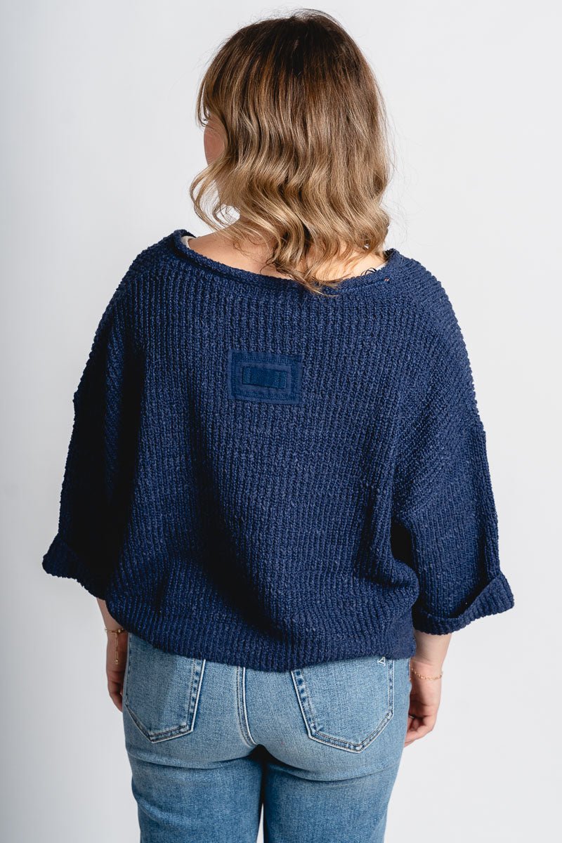 V-neck crop sweater navy - Vintage OKC Basketball T-Shirts at Lush Fashion Lounge Boutique in Oklahoma City