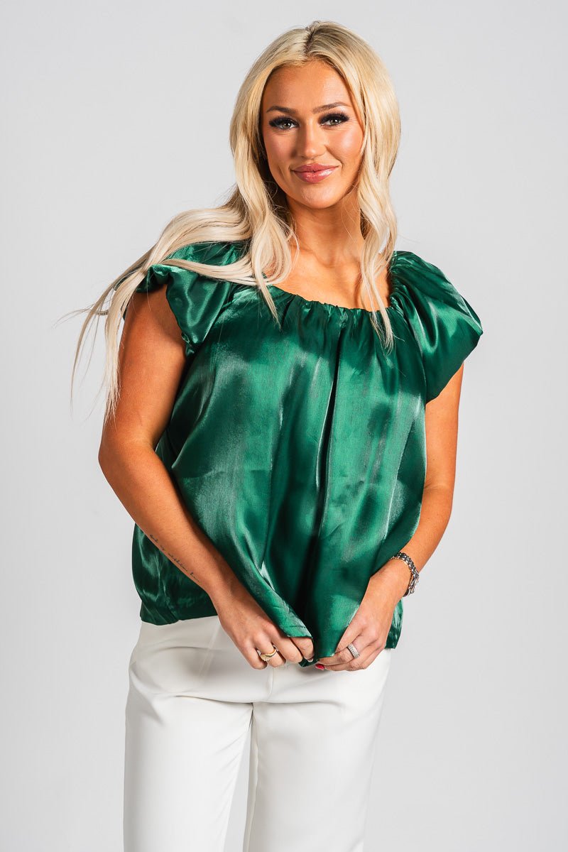 Organza puff sleeve top hunter green - Trendy Holiday Apparel at Lush Fashion Lounge Boutique in Oklahoma City