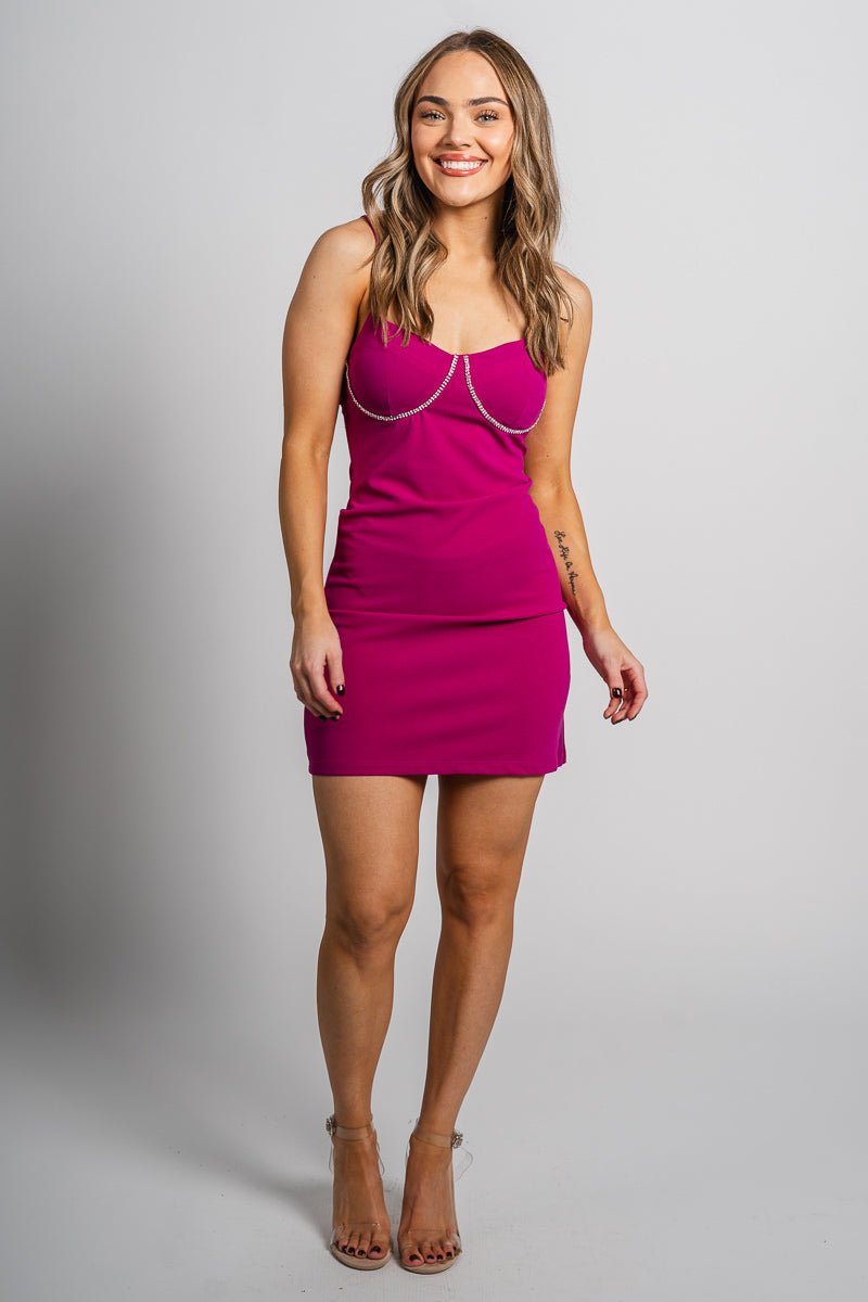 Rhinestone trim dress magenta - Trendy dress - Fashion Dresses at Lush Fashion Lounge Boutique in Oklahoma City