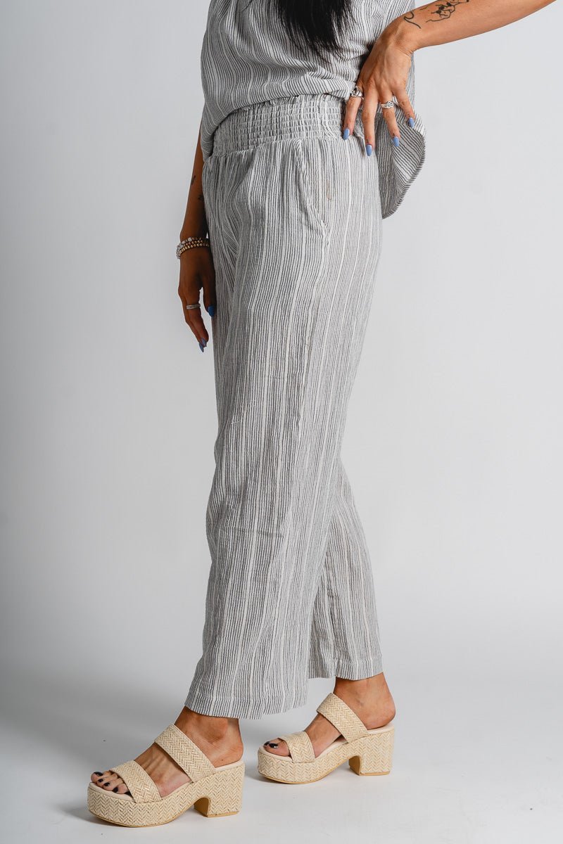 Striped gauze pants charcoal | Lush Fashion Lounge: women's boutique pants, boutique women's pants, affordable boutique pants, women's fashion pants
