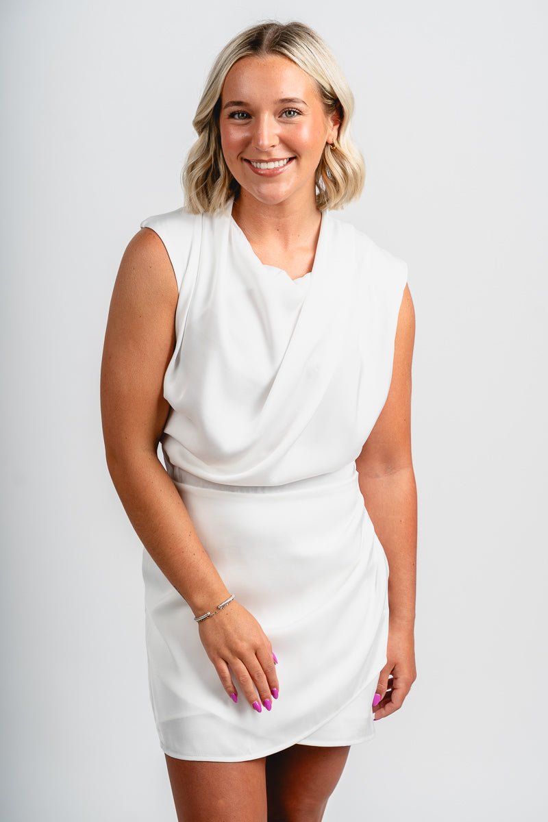 Cowl neck satin mini dress off white - Affordable dress - Boutique Dresses at Lush Fashion Lounge Boutique in Oklahoma City