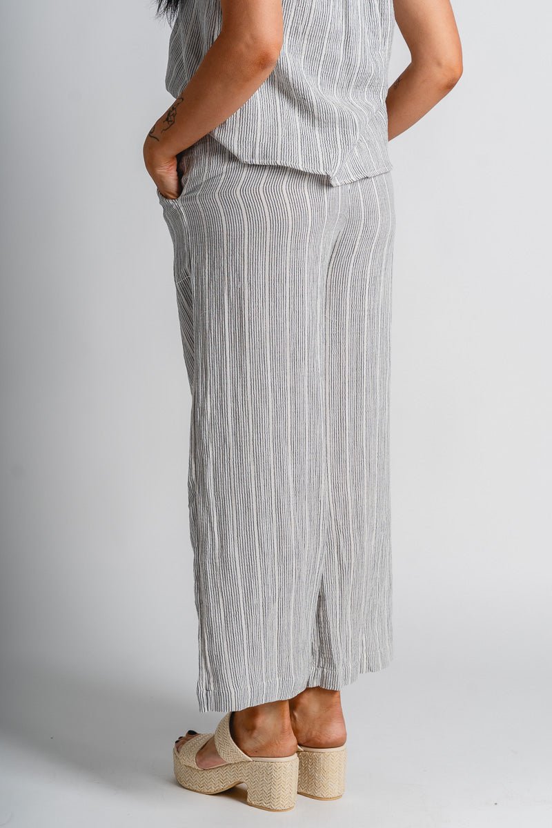 Striped gauze pants charcoal | Lush Fashion Lounge: women's boutique pants, boutique women's pants, affordable boutique pants, women's fashion pants