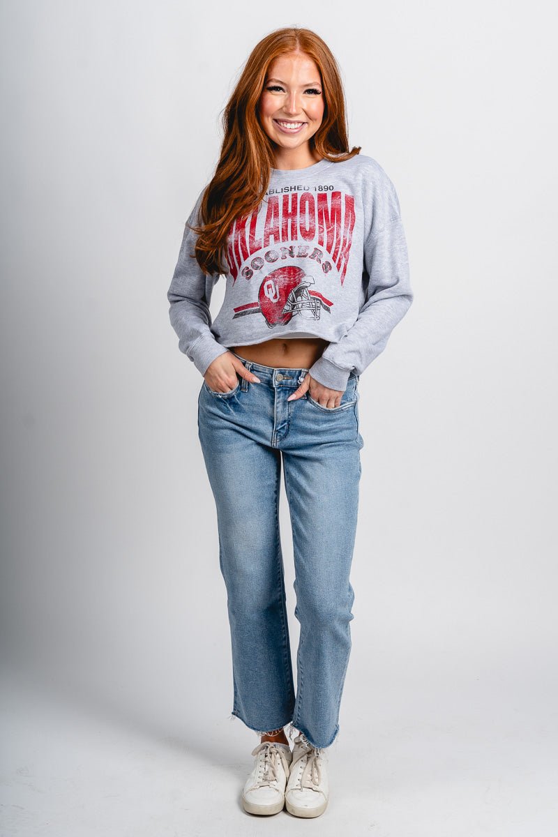 OU OU Sooners established crop sweatshirt ash grey Sweatshirt | Lush Fashion Lounge Trendy Oklahoma University Sooners Apparel & Cute Gameday T-Shirts