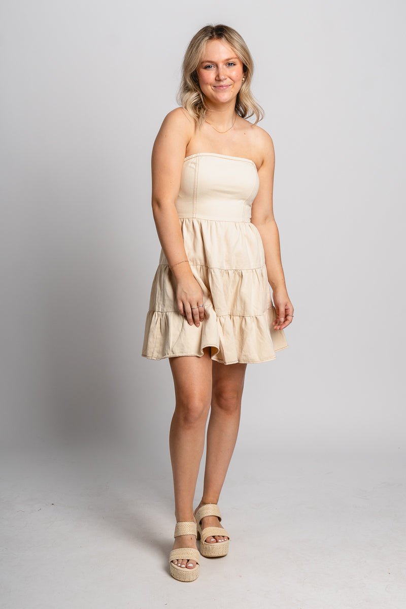 Tiered strapless denim dress cream Stylish dress - Womens Fashion Dresses at Lush Fashion Lounge Boutique in Oklahoma City
