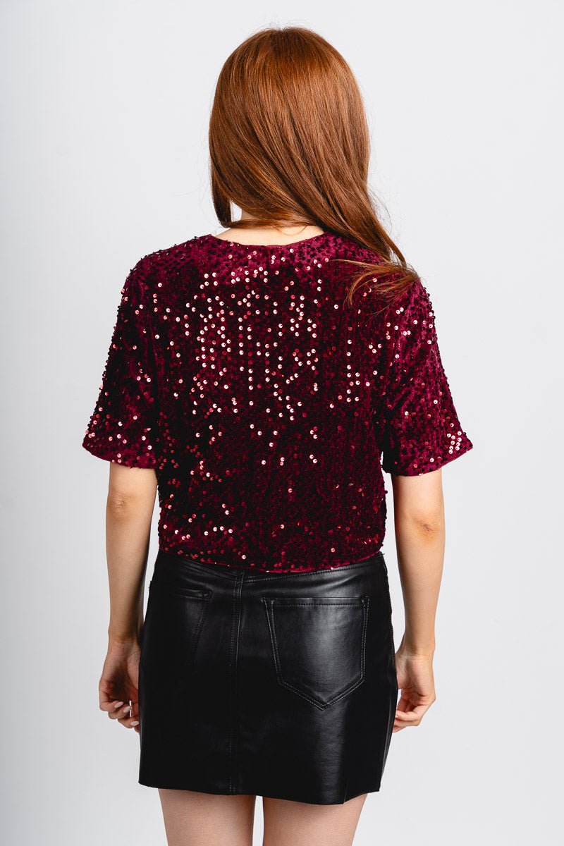 Sequin velvet short sleeve bow detail top burgundy