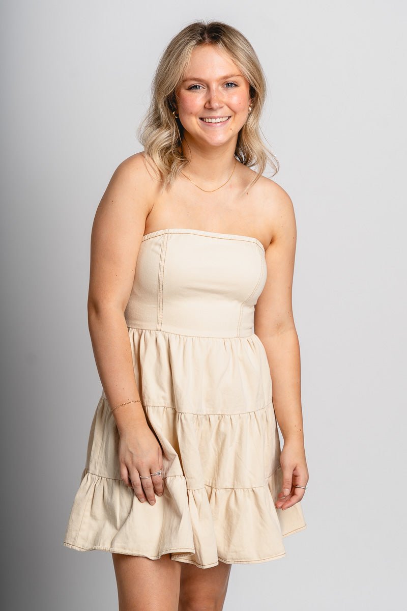 Tiered strapless denim dress cream - Affordable dress - Boutique Dresses at Lush Fashion Lounge Boutique in Oklahoma City