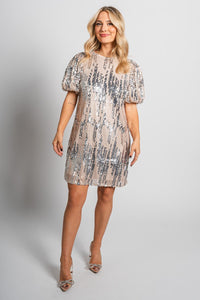 Puff sleeve sequin dress cream - Trendy dress - Fashion Dresses at Lush Fashion Lounge Boutique in Oklahoma City