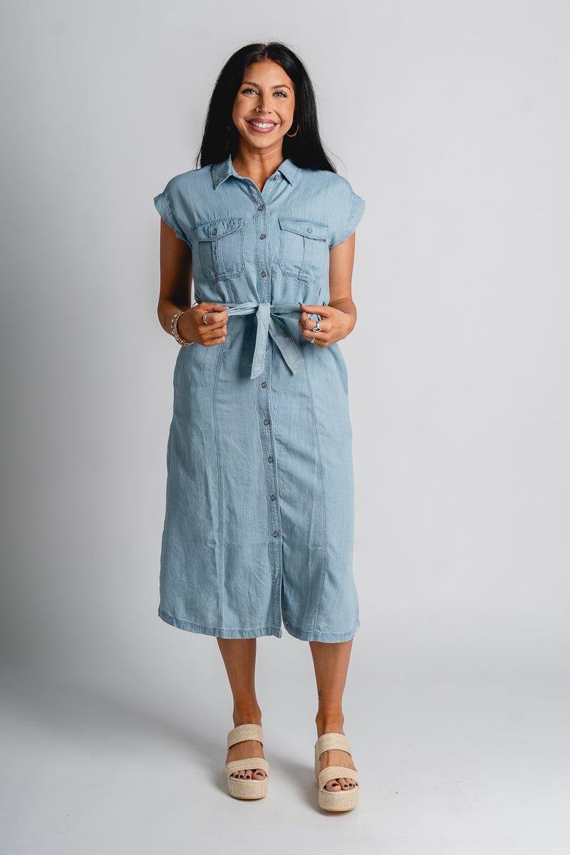 Tencel midi dress light denim - Cute dress - Trendy Easter Clothing Line at Lush Fashion Lounge Boutique in Oklahoma