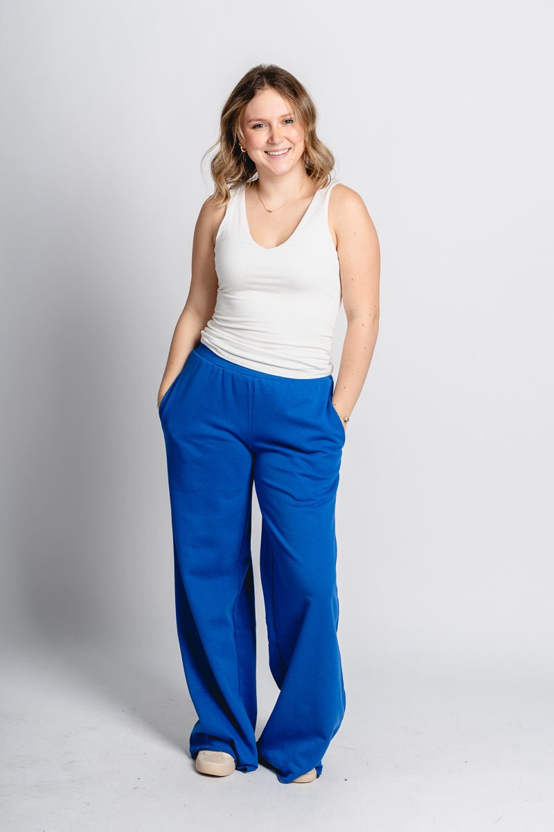 Vanessa wide leg sweatpants royal blue - Oklahoma City inspired graphic t-shirts at Lush Fashion Lounge Boutique in Oklahoma City