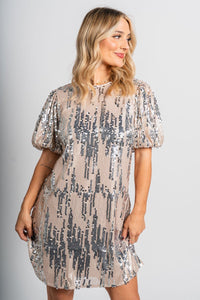 Puff sleeve sequin dress cream - Affordable dress - Boutique Dresses at Lush Fashion Lounge Boutique in Oklahoma City