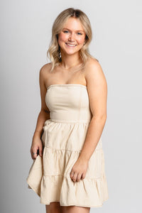 Tiered strapless denim dress cream - Cute dress - Trendy Dresses at Lush Fashion Lounge Boutique in Oklahoma City