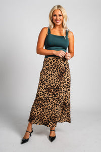 Leopard midi skirt brown | Lush Fashion Lounge: boutique fashion skirts, affordable boutique skirts, cute affordable skirts