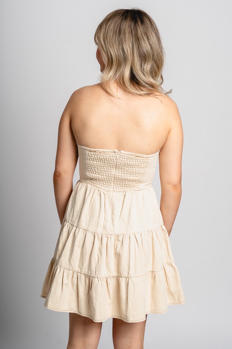 Tiered strapless denim dress cream