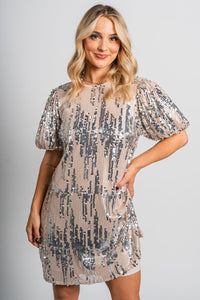 Puff sleeve sequin dress cream - Cute dress - Trendy Dresses at Lush Fashion Lounge Boutique in Oklahoma City