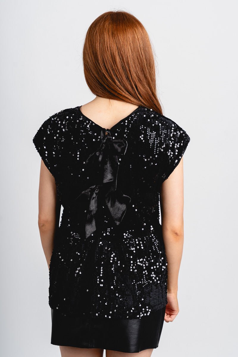 Cap sleeve sequin babydoll top black