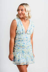 Floral ruched mini dress blue - Affordable dress - Boutique Dresses at Lush Fashion Lounge Boutique in Oklahoma City