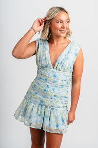 Floral ruched mini dress blue - Cute dress - Trendy Dresses at Lush Fashion Lounge Boutique in Oklahoma City