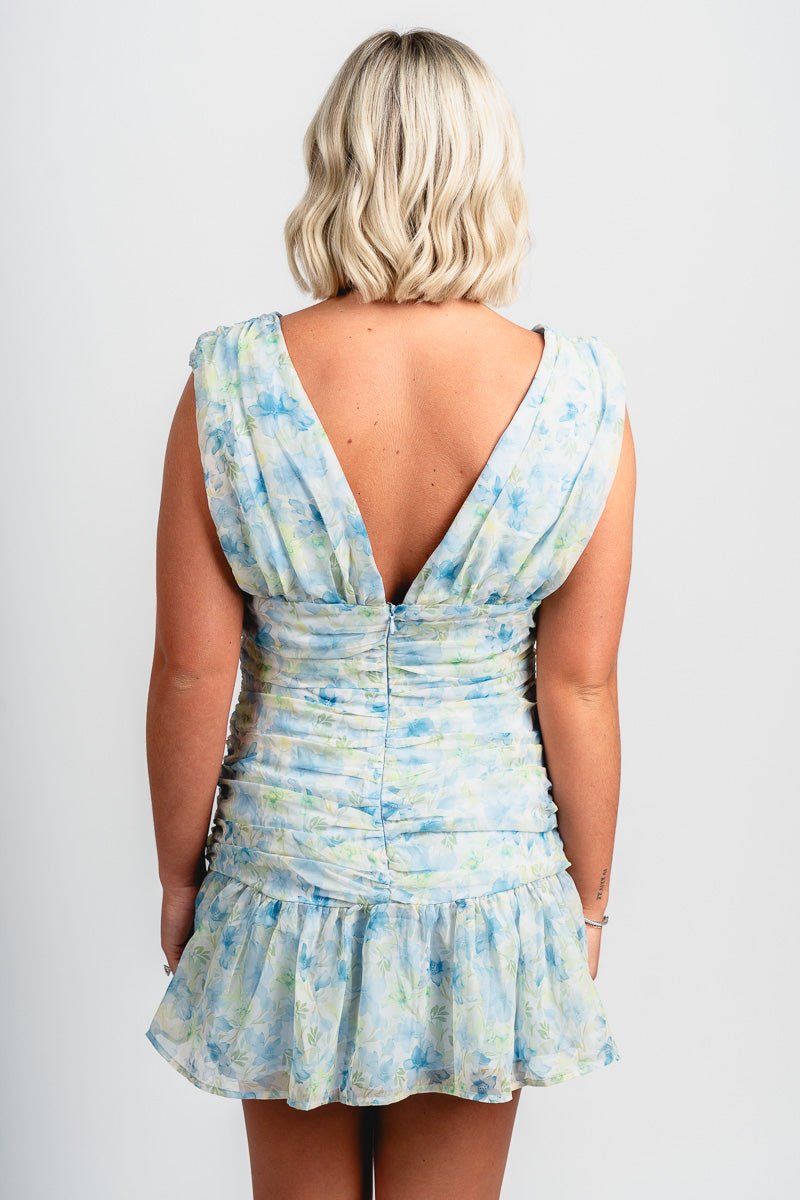 Floral ruched mini dress blue
