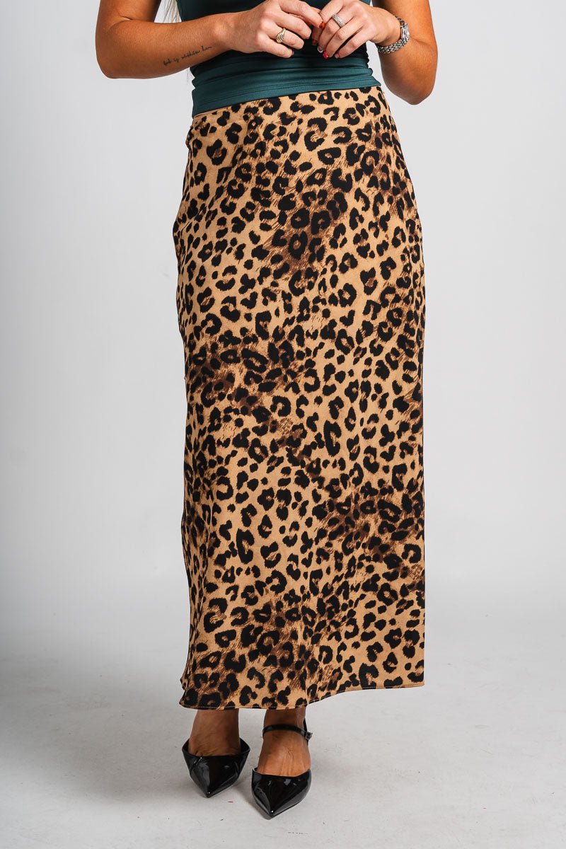 Leopard midi skirt brown | Lush Fashion Lounge: boutique fashion skirts, affordable boutique skirts, cute affordable skirts