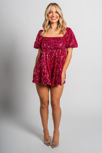 Sequin babydoll romper fuchsia - Trendy Romper - Fashion Rompers & Pantsuits at Lush Fashion Lounge Boutique in Oklahoma City