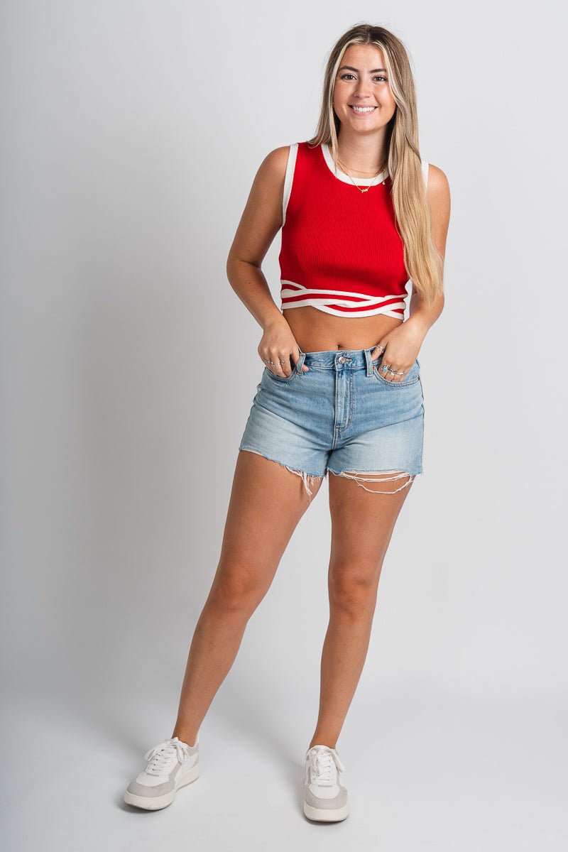 Twist bottom tank top red/white - Stylish Tank Top - Trendy American Summer Fashion at Lush Fashion Lounge Boutique in Oklahoma