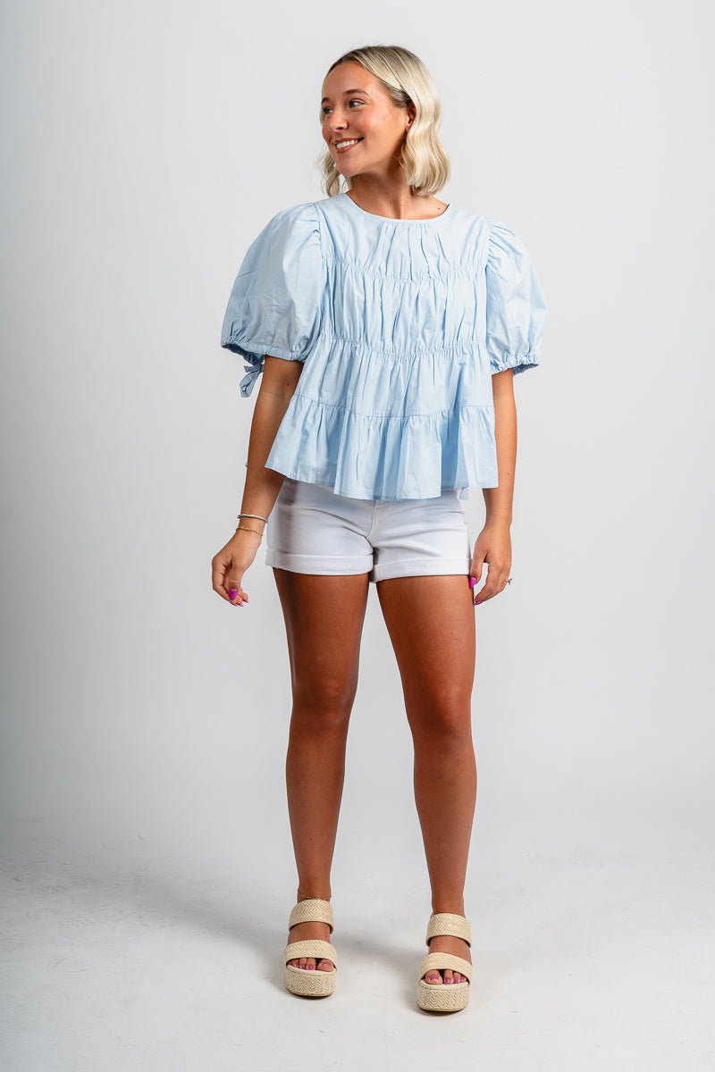 Tiered ruffle short sleeve top sky blue
