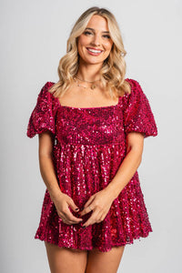 Sequin babydoll romper fuchsia - Affordable Romper - Boutique Rompers & Pantsuits at Lush Fashion Lounge Boutique in Oklahoma City