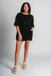 V back short sleeve romper black - Stylish romper - Trendy Lounge Sets at Lush Fashion Lounge Boutique in Oklahoma City