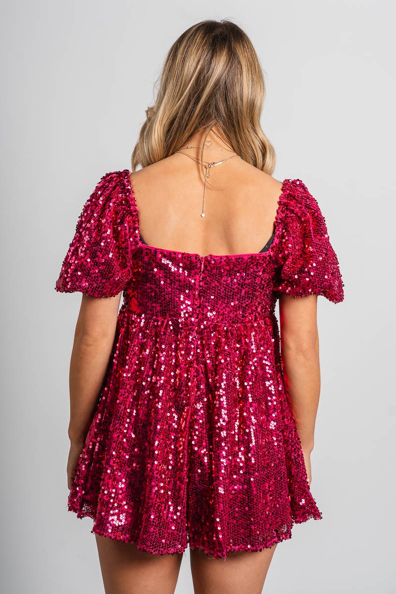 Sequin babydoll romper fuchsia