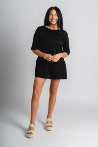 V back short sleeve romper black - Fun romper - Unique Lounge Looks at Lush Fashion Lounge Boutique in Oklahoma