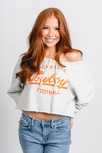 OSU OSU Cowboys off shoulder cropped sweatshirt grey Sweatshirt | Lush Fashion Lounge Trendy Oklahoma State Cowboys Apparel & Cute Gameday T-Shirts