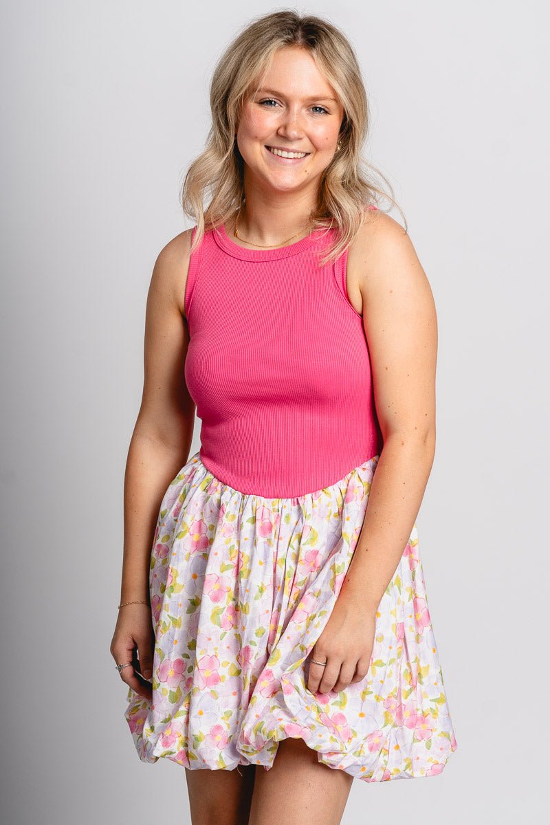 Floral contrast mini dress pink - Affordable dress - Boutique Dresses at Lush Fashion Lounge Boutique in Oklahoma City