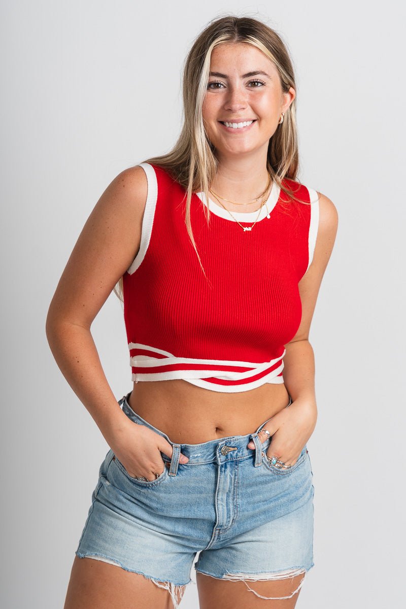 Twist bottom tank top red/white - Trendy Tank Top - Cute American Summer Collection at Lush Fashion Lounge Boutique in Oklahoma City