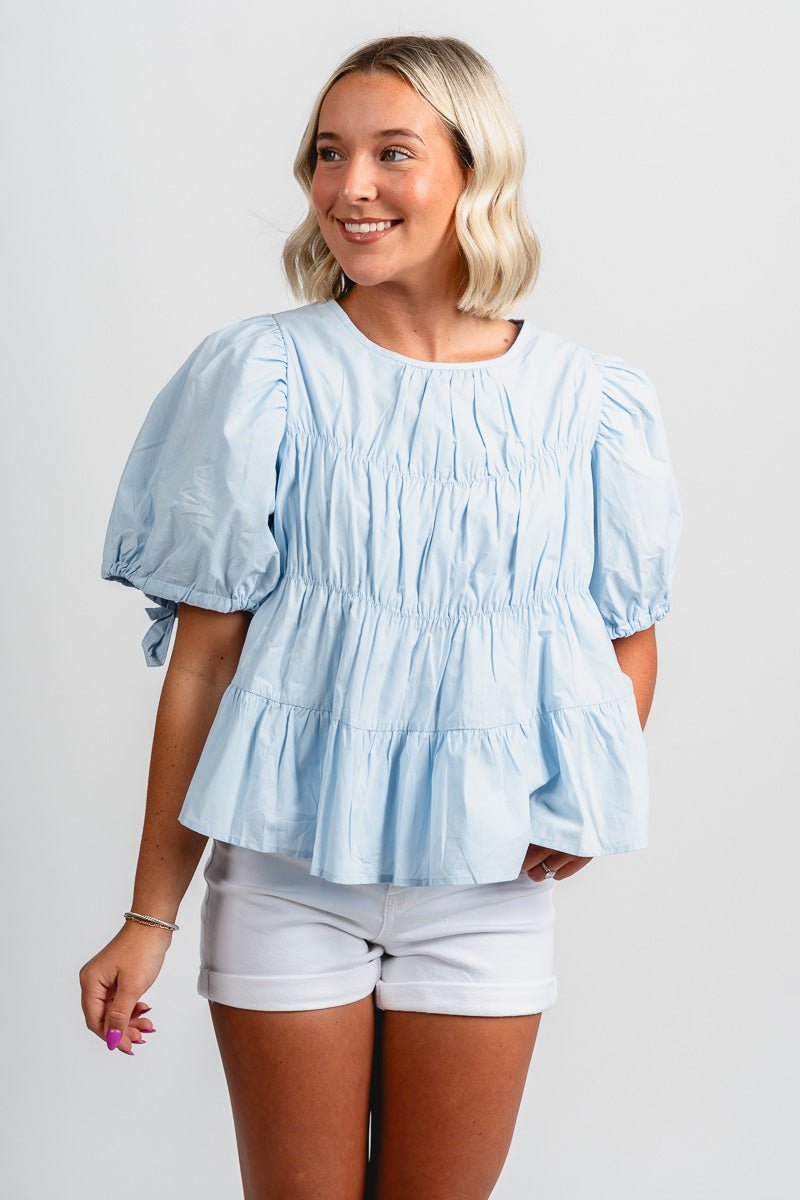 Tiered ruffle short sleeve top sky blue
