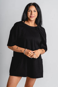 V back short sleeve romper black - Trendy romper - Cute Loungewear Collection at Lush Fashion Lounge Boutique in Oklahoma City