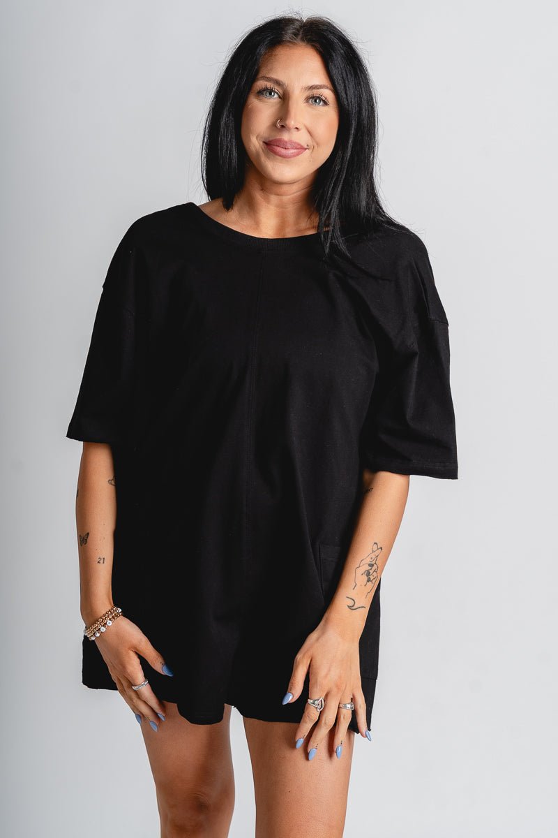 V back short sleeve romper black - Cute romper - Fun Cozy Basics at Lush Fashion Lounge Boutique in Oklahoma City