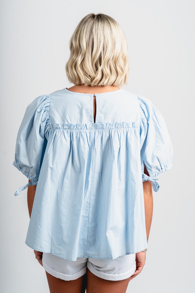 Tiered ruffle short sleeve top sky blue