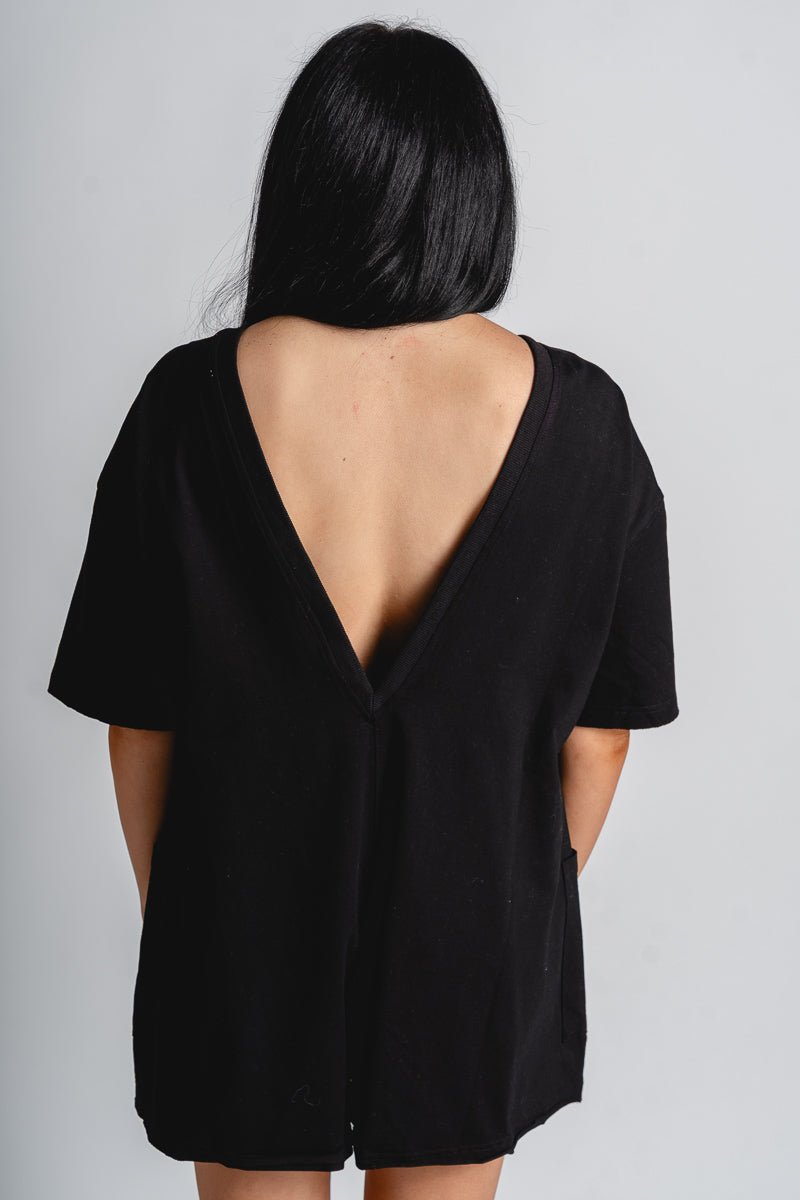 V back short sleeve romper black - Adorable romper - Stylish Comfortable Outfits at Lush Fashion Lounge Boutique in OKC