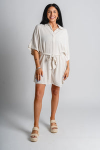 Linen romper oatmeal - Trendy romper - Fashion Rompers & Pantsuits at Lush Fashion Lounge Boutique in Oklahoma City