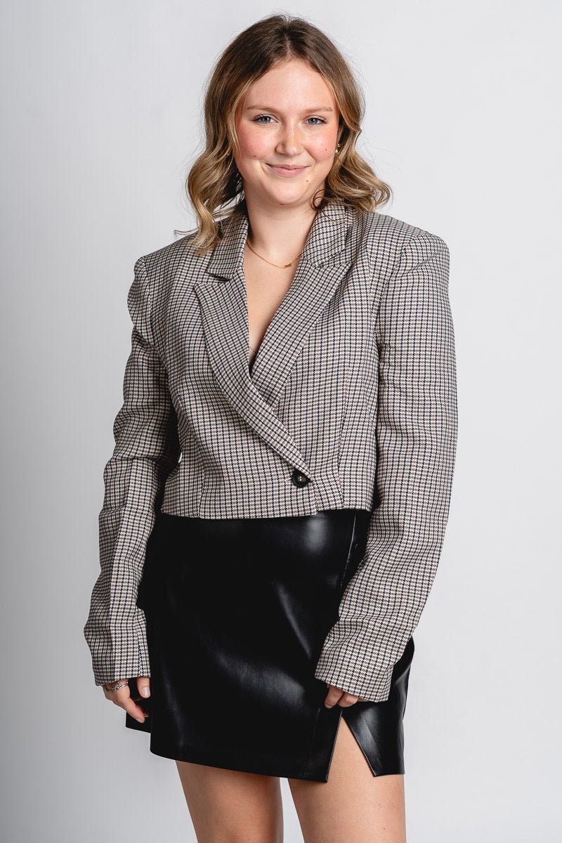 Cropped plaid blazer grey – Affordable Blazers | Cute Black Jackets at Lush Fashion Lounge Boutique in Oklahoma City