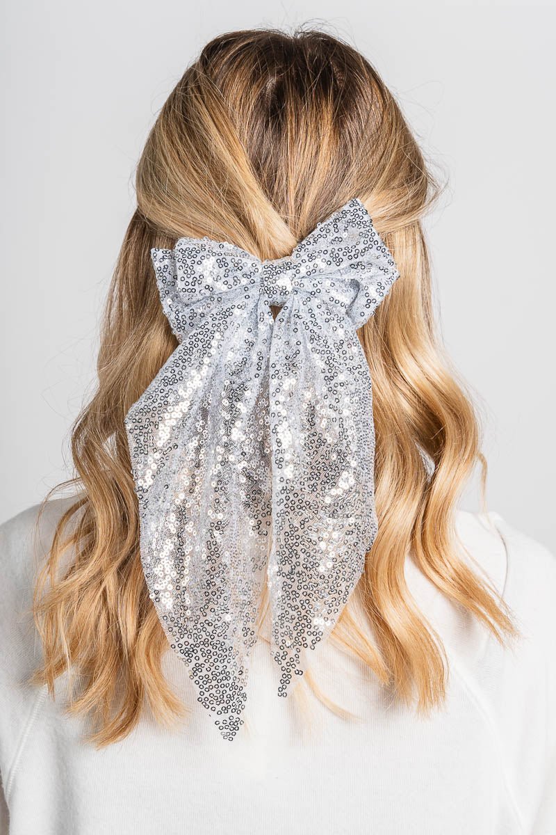 Sequin bow silver - Trendy hair bow - Cute Hair Accessories at Lush Fashion Lounge Boutique in Oklahoma City