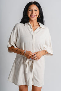 Linen romper oatmeal - Cute romper - Trendy Rompers and Pantsuits at Lush Fashion Lounge Boutique in Oklahoma City