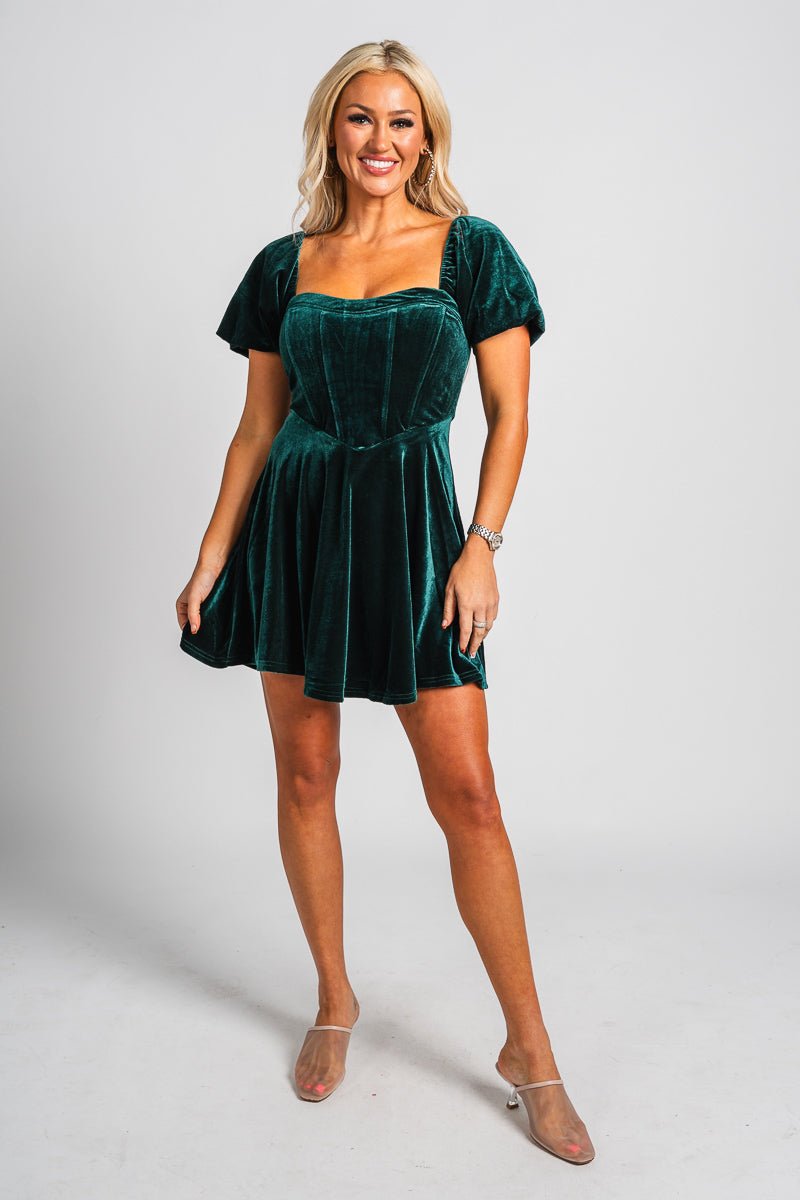 Puff sleeve corset velvet dress green - Trendy dress - Fashion Dresses at Lush Fashion Lounge Boutique in Oklahoma City