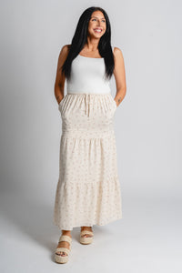 Floral tiered maxi skirt bone | Lush Fashion Lounge: boutique fashion skirts, affordable boutique skirts, cute affordable skirts
