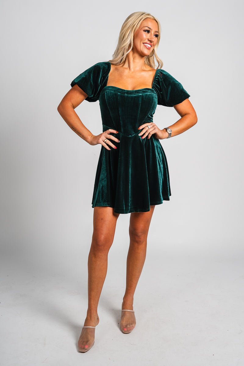 Puff sleeve corset velvet dress green Stylish dress - Womens Fashion Dresses at Lush Fashion Lounge Boutique in Oklahoma City