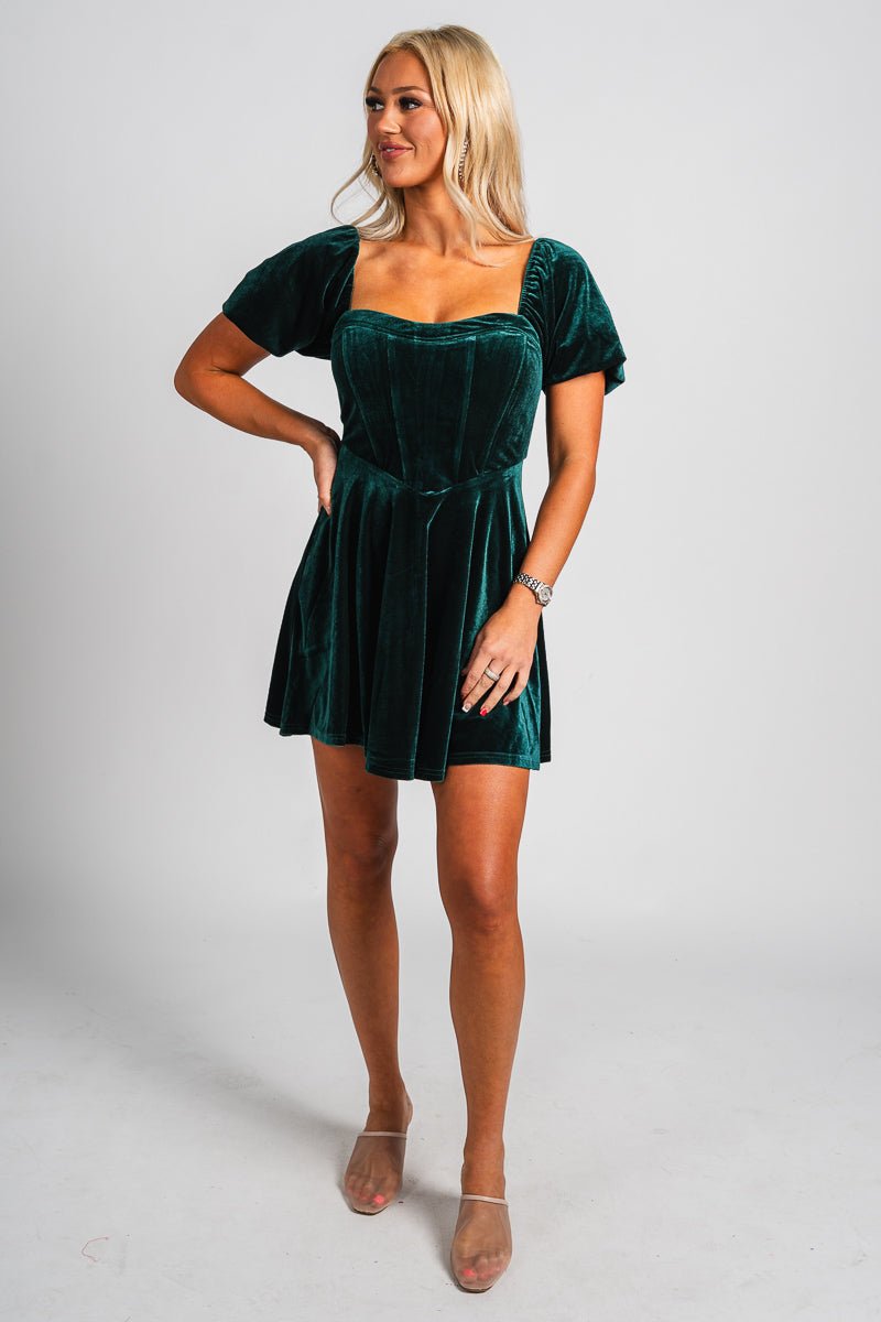 Puff sleeve corset velvet dress green