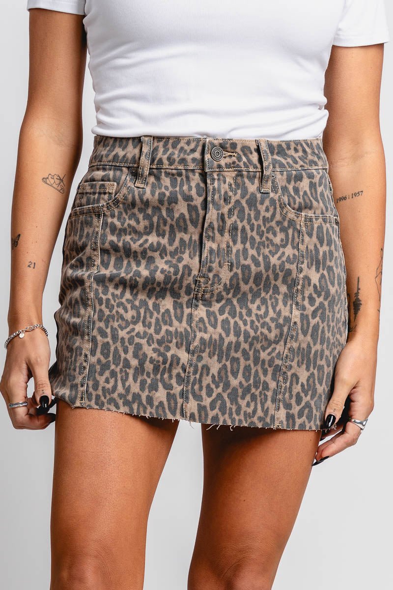 Leopard denim mini skirt brown | Lush Fashion Lounge: boutique fashion skirts, affordable boutique skirts, cute affordable skirts